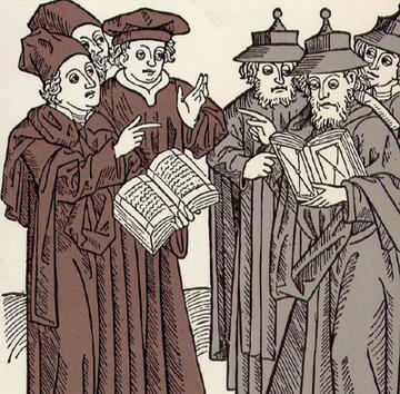 Christenen en Joden, Duitsland 15e eeuw. De Joden (rechts) dragen de voor Joden verplichte Jodenhoed